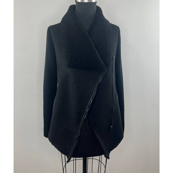 BlankNYC Black Knit Shawl Collar Faux Suede Asymmetric Swewater Jacket M Medium - Picture 2 of 9